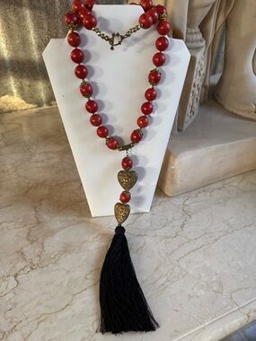 Red Beaded Heart Tassel Necklace - Unbranded